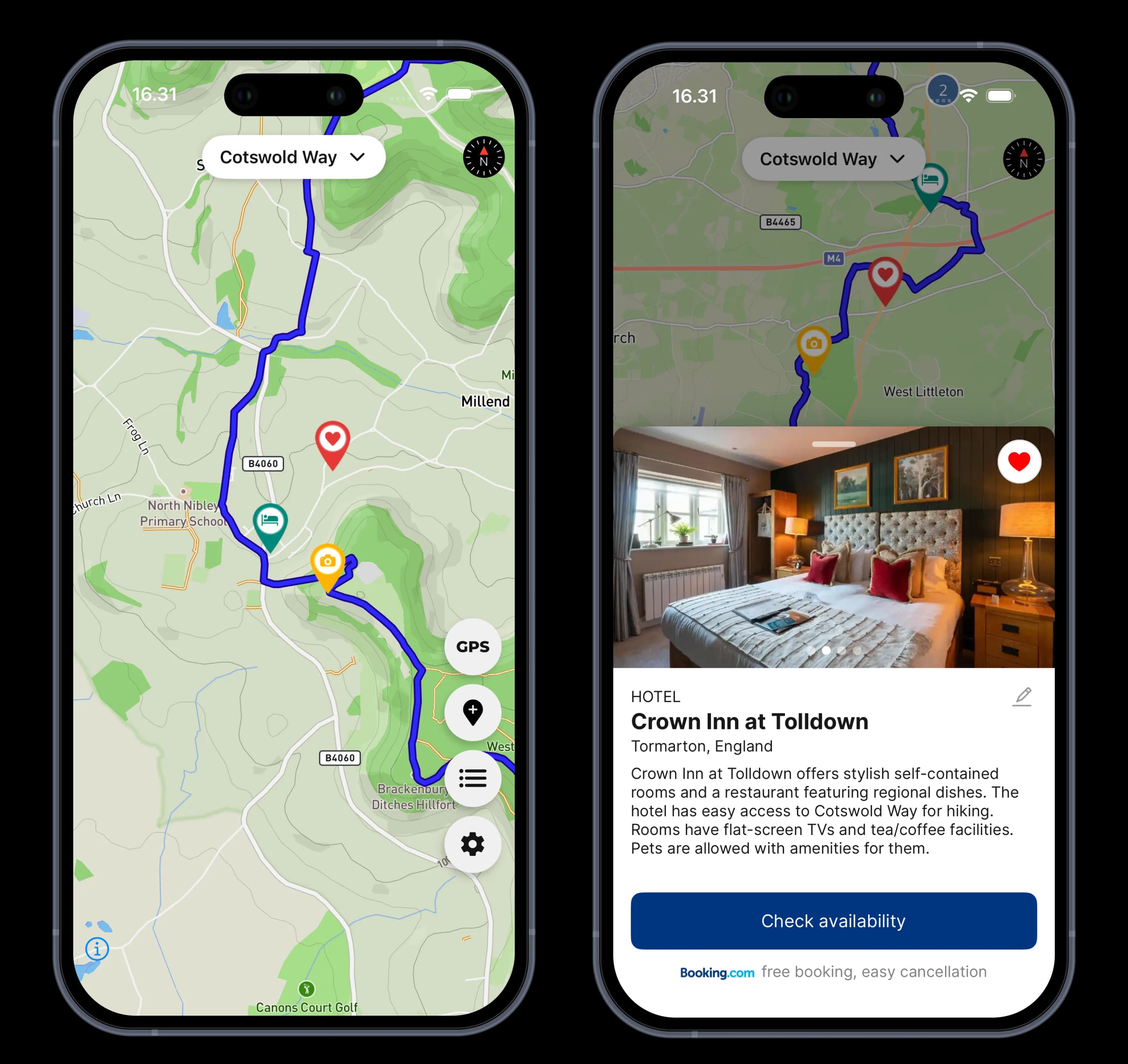 Cotswold Way app screens showing the trail map and a hotel listing