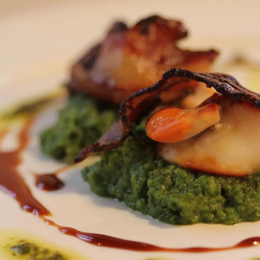 Seared scallops with pea puree at The Mount Inn