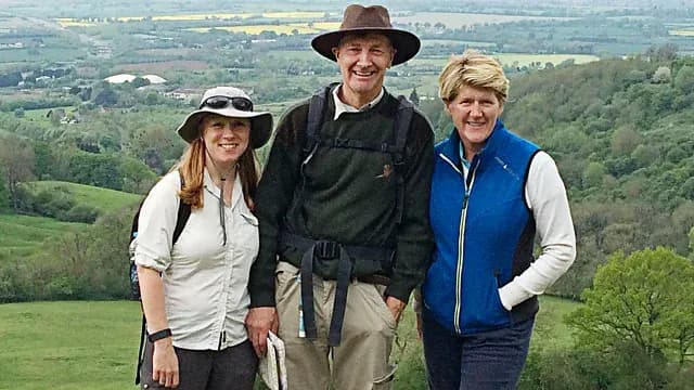 Clare Balding with walkers overlooking the Cotswold countryside