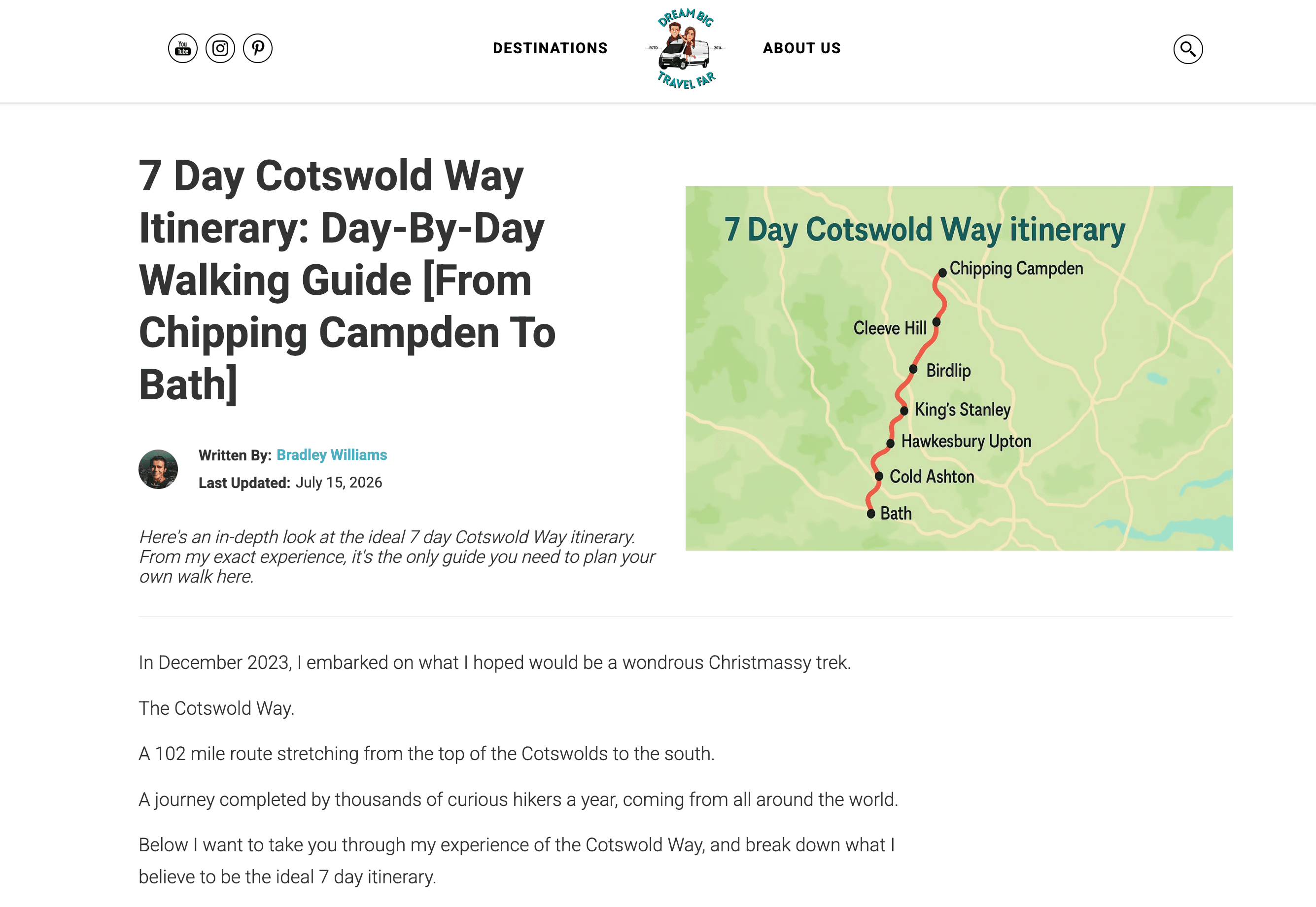 Screenshot of Dream Big Travel Far 7-day Cotswold Way itinerary