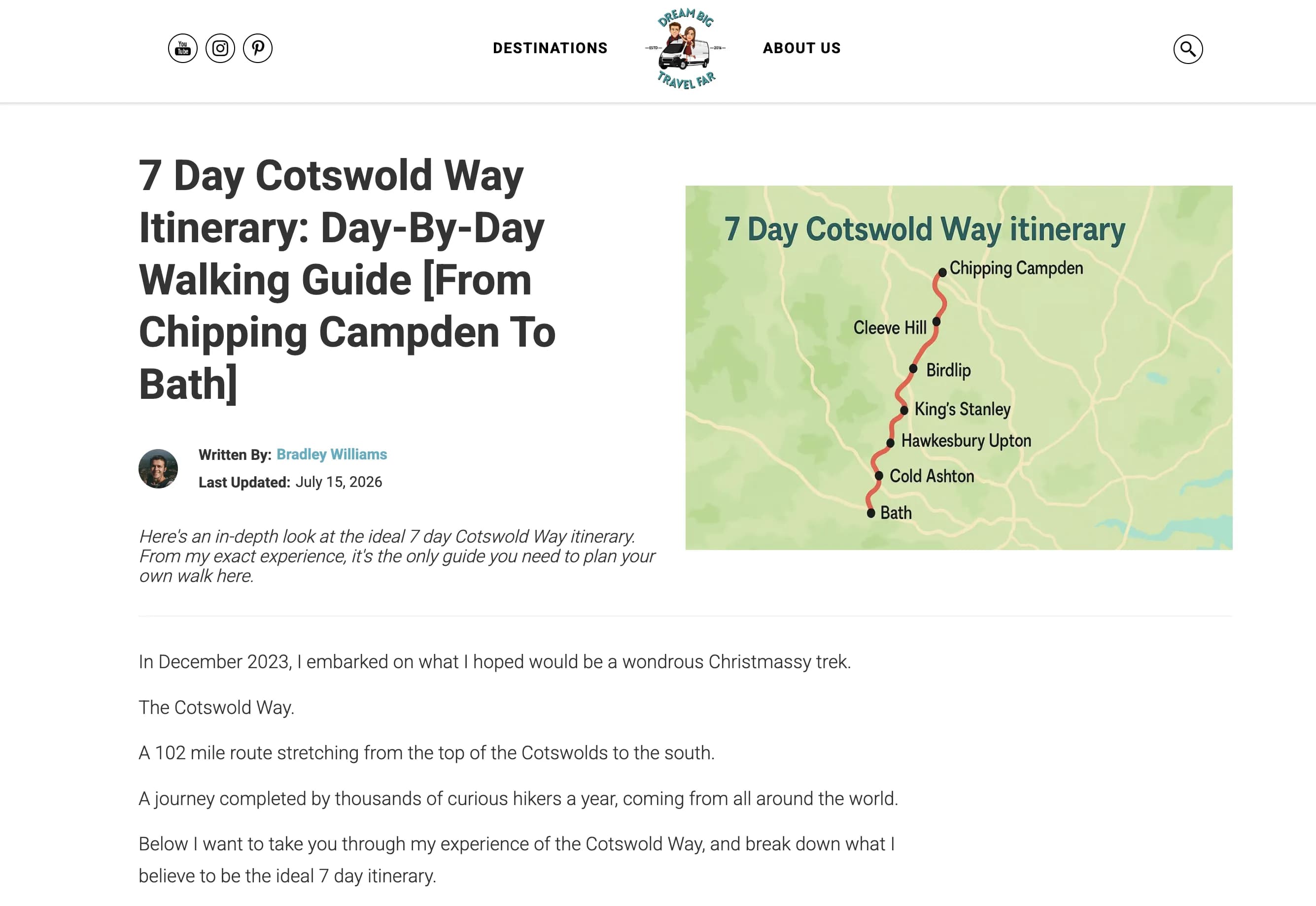 Screenshot of a Cotswold Way walking guide blog