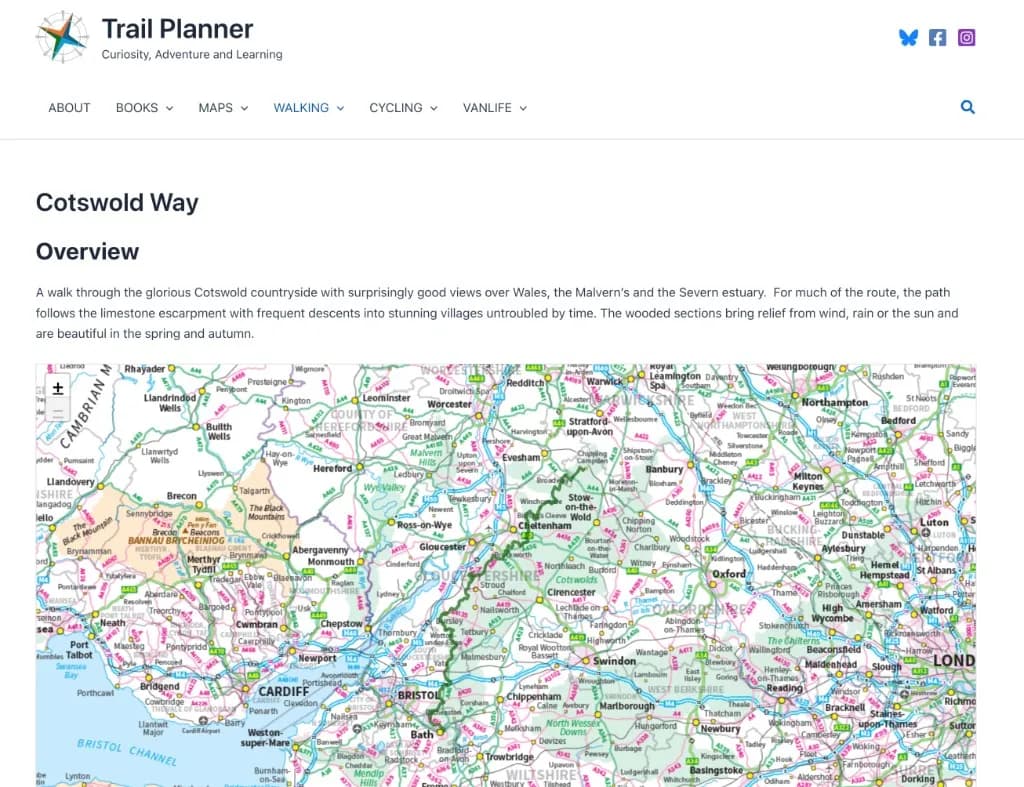 Screenshot of the Trail Planner Cotswold Way overview with route map