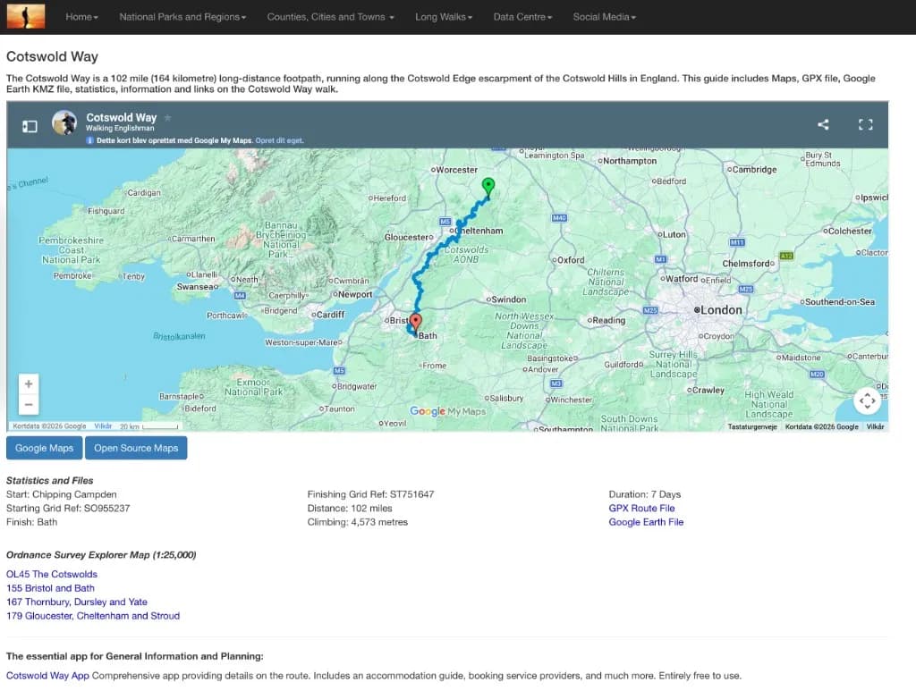 Screenshot of the Walking Englishman Cotswold Way guide with route map