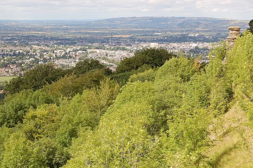 View from Leckhampton Hill over wooded slopes and Cheltenham toward distant hills under a bright sky