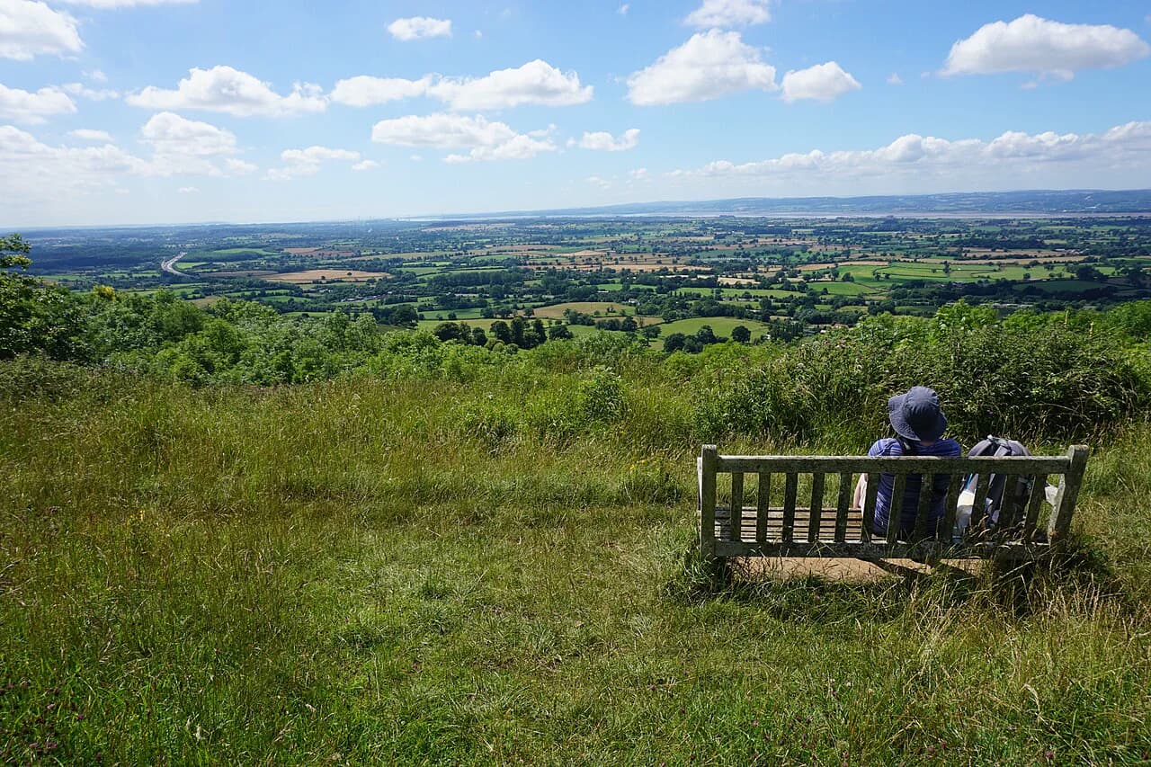 A person sitting on a wooden bench on the grassy escarpment of Stinchcombe Hill, looking out over a wide, sunlit patchwork of green fields in the valley below toward the River Severn