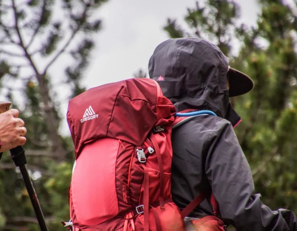 Hiker wearing a red backpack, rain jacket, and trekking pole on a wooded trail