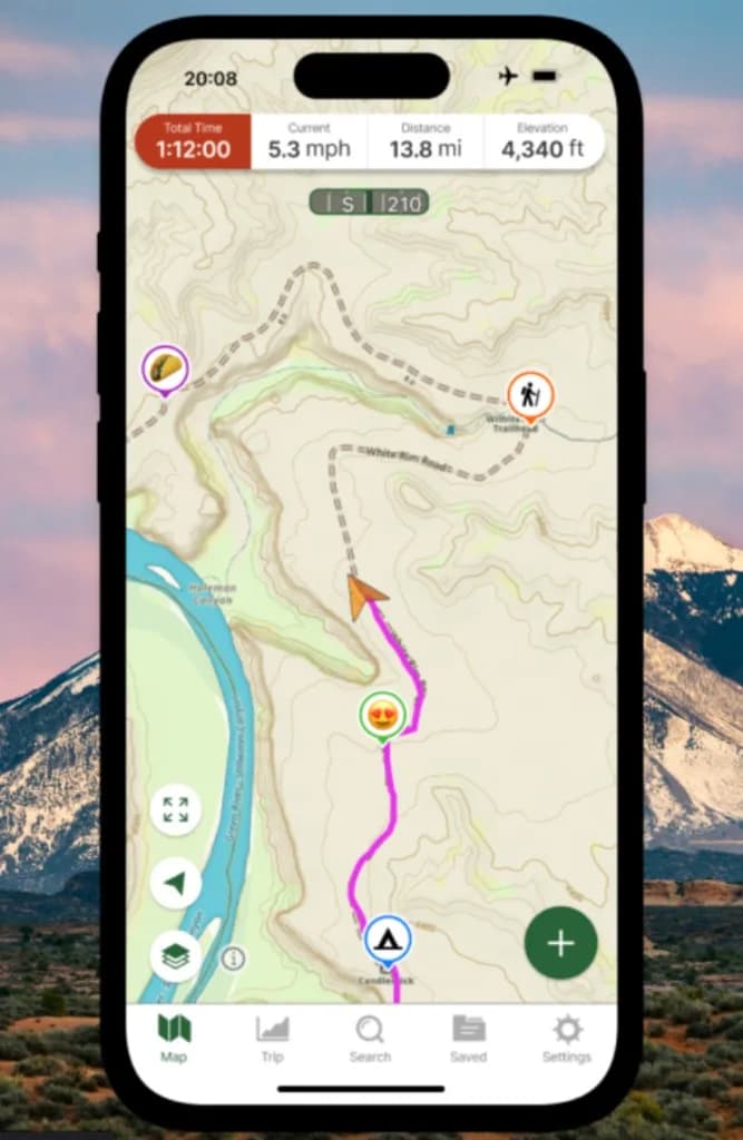 Gaia GPS app showing a topographic map and hike stats on a phone