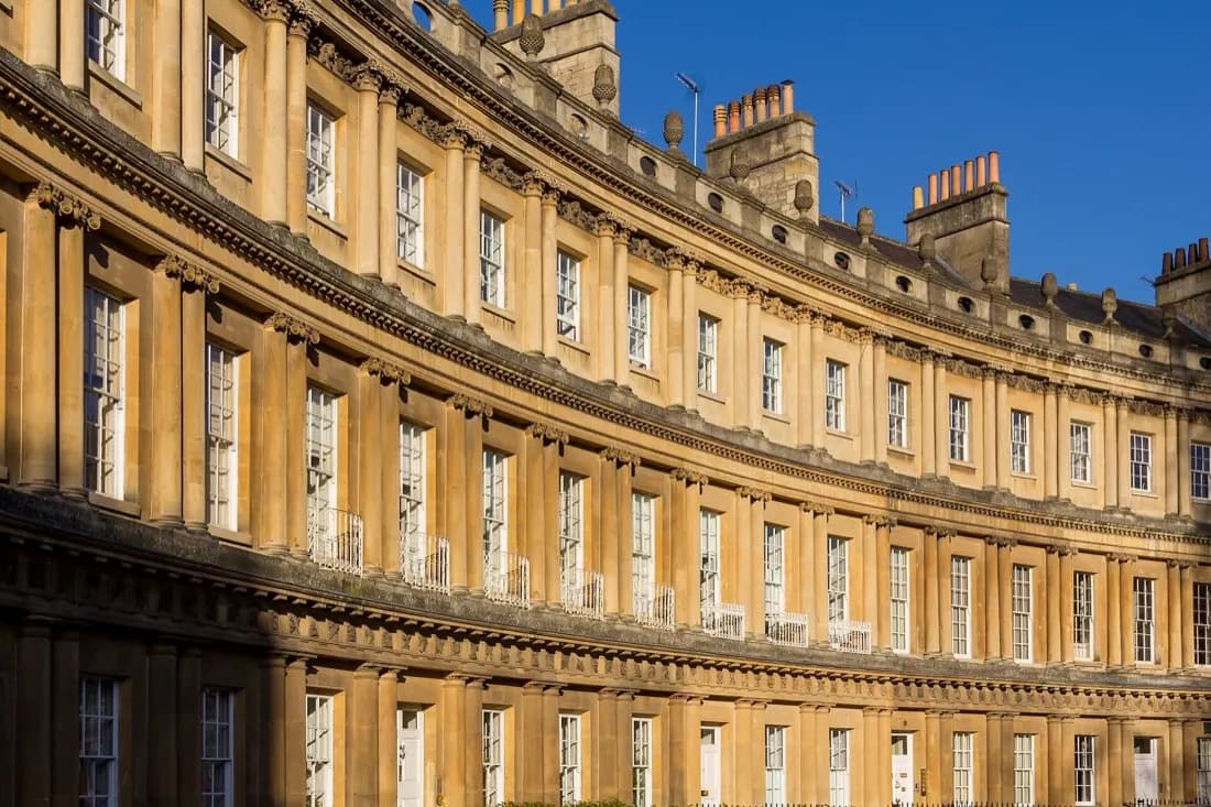 The Royal Crescent in Bath, a sweep of Georgian townhouses